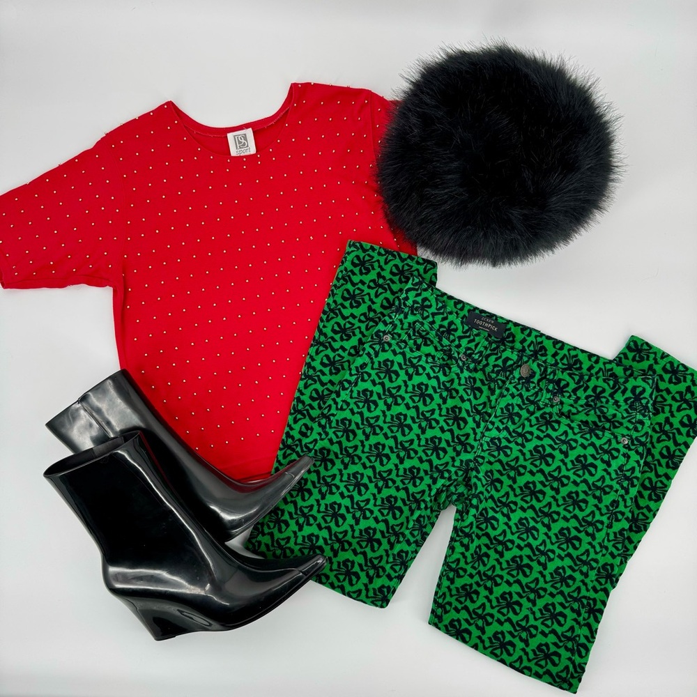 J Crew toothpick green & navy bow ribbon corduroy pants